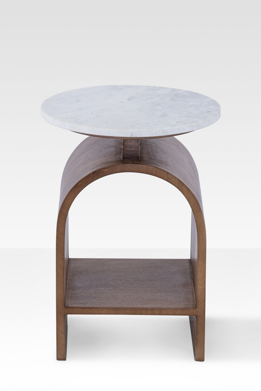 A perfectly circular overhead view of the Kromme End Table showcasing the natural grey veining of the solid white marble top.