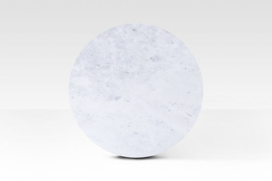 A perfectly circular overhead view of the Kromme End Table, showcasing the natural grey veining and polished surface of the solid white marble top.