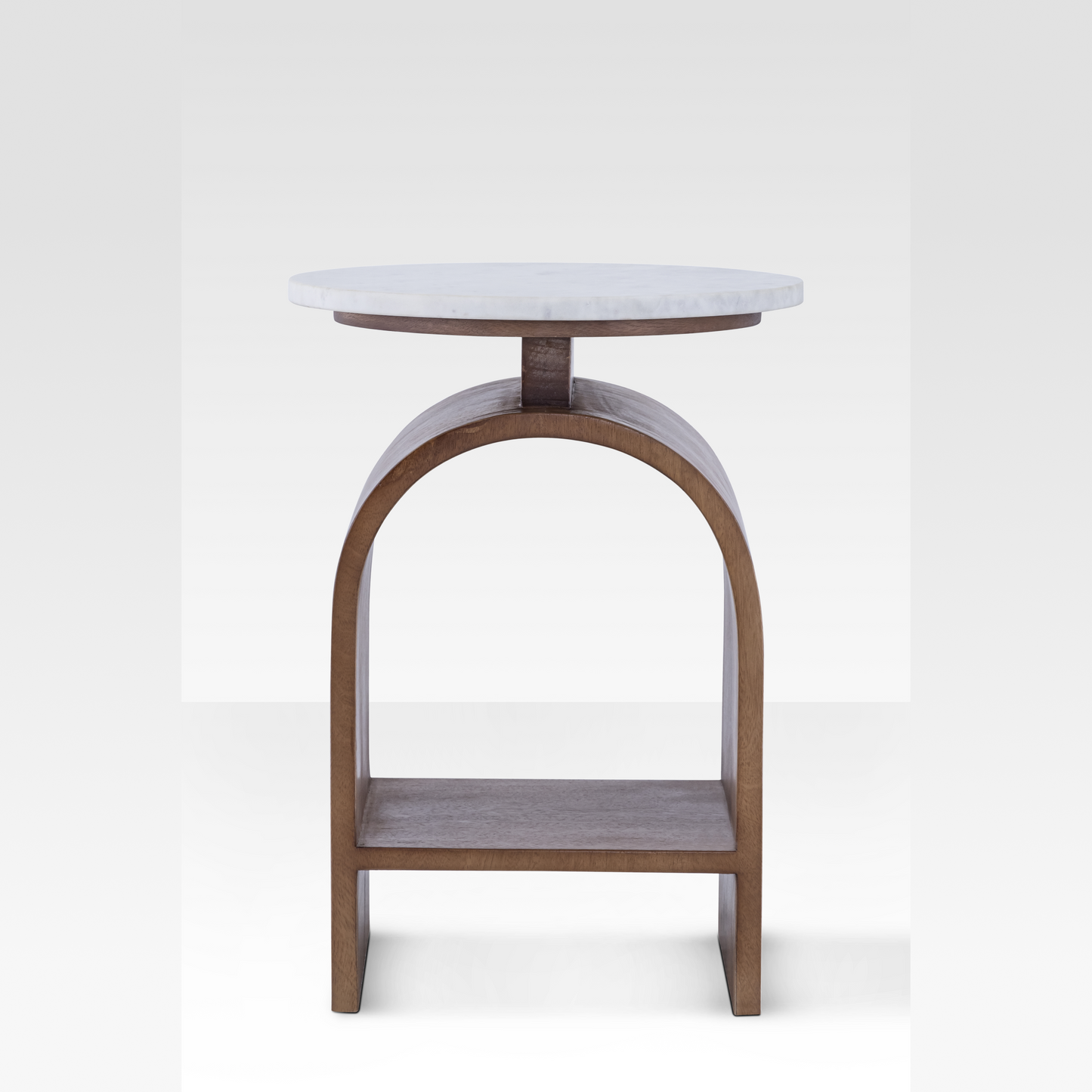 A straight-on profile of the Kromme End Table highlighting the perfect symmetry of its bentwood arch and the thin floating marble surface.