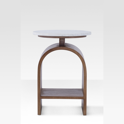 A straight-on profile of the Kromme End Table highlighting the perfect symmetry of its bentwood arch and the thin floating marble surface.