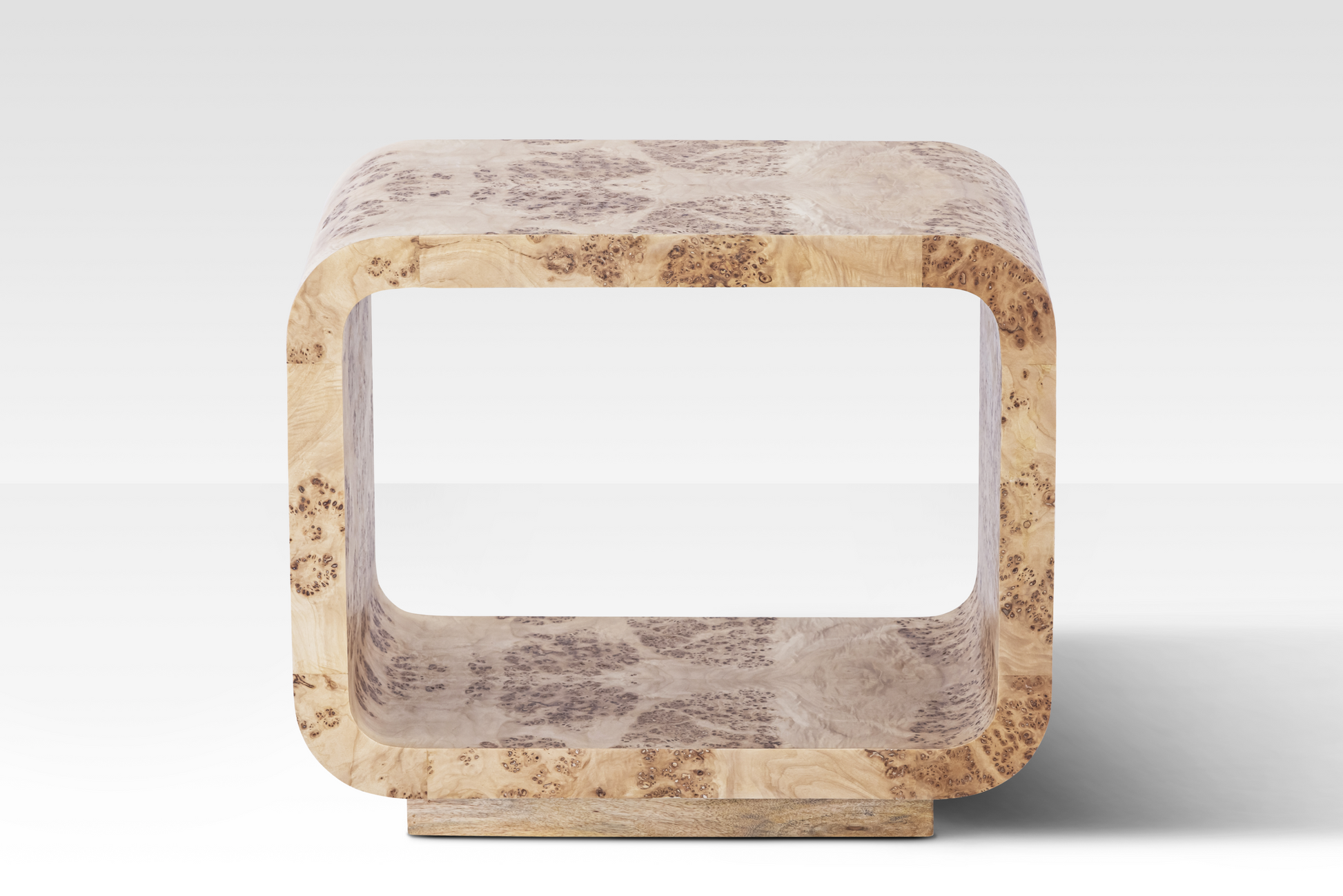 Rear angled view of the Luca End Table emphasizing the continuous wood grain wrap and the functional open-center architectural design.