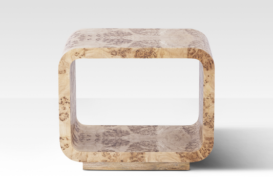 Rear angled view of the Luca End Table emphasizing the continuous wood grain wrap and the functional open-center architectural design.