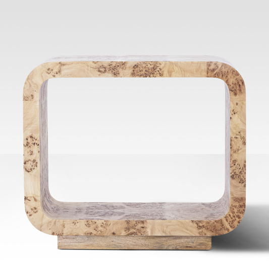 Front profile of the Luca End Table highlighting the book-matched burl wood pattern and the recessed plinth base for a floating effect.