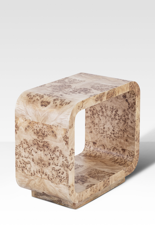 A side-angle view of the Luca End Table showcasing the substantial wood thickness and the precision of the book-matched burl pattern.