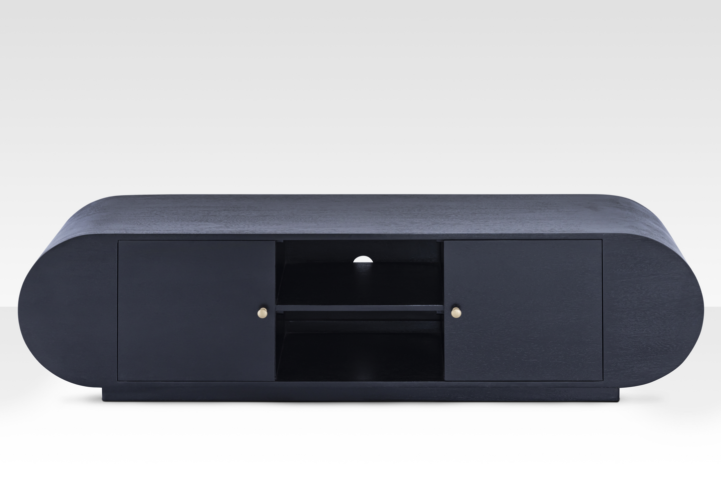 Front view of the curved wood Mira Sideboard with the central cabinet open, displaying adjustable shelving and a media cutout.