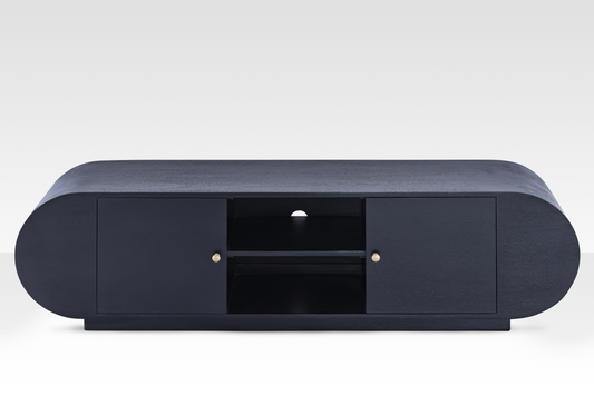 Front view of the curved wood Mira Sideboard with the central cabinet open, displaying adjustable shelving and a media cutout.