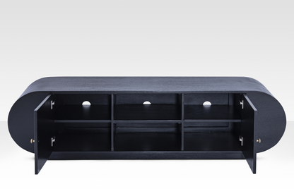 Mira Sideboard with both doors and the central compartment open to showcase expansive interior shelving and solid wood construction.