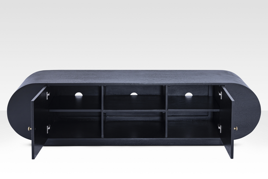 Mira Sideboard with both doors and the central compartment open to showcase expansive interior shelving and solid wood construction.