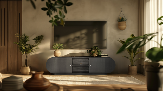 The low-profile Mira Sideboard utilized as a modern media console, with a flat-screen television on top and a textured wall backdrop.