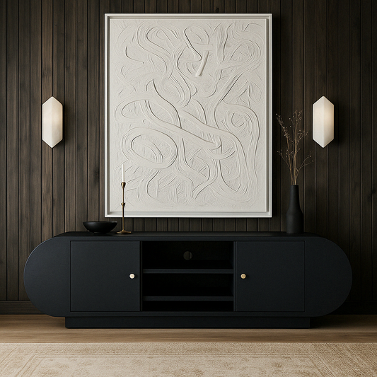 The curved Mira Sideboard styled with minimalist decor against a dramatic matte black feature wall.