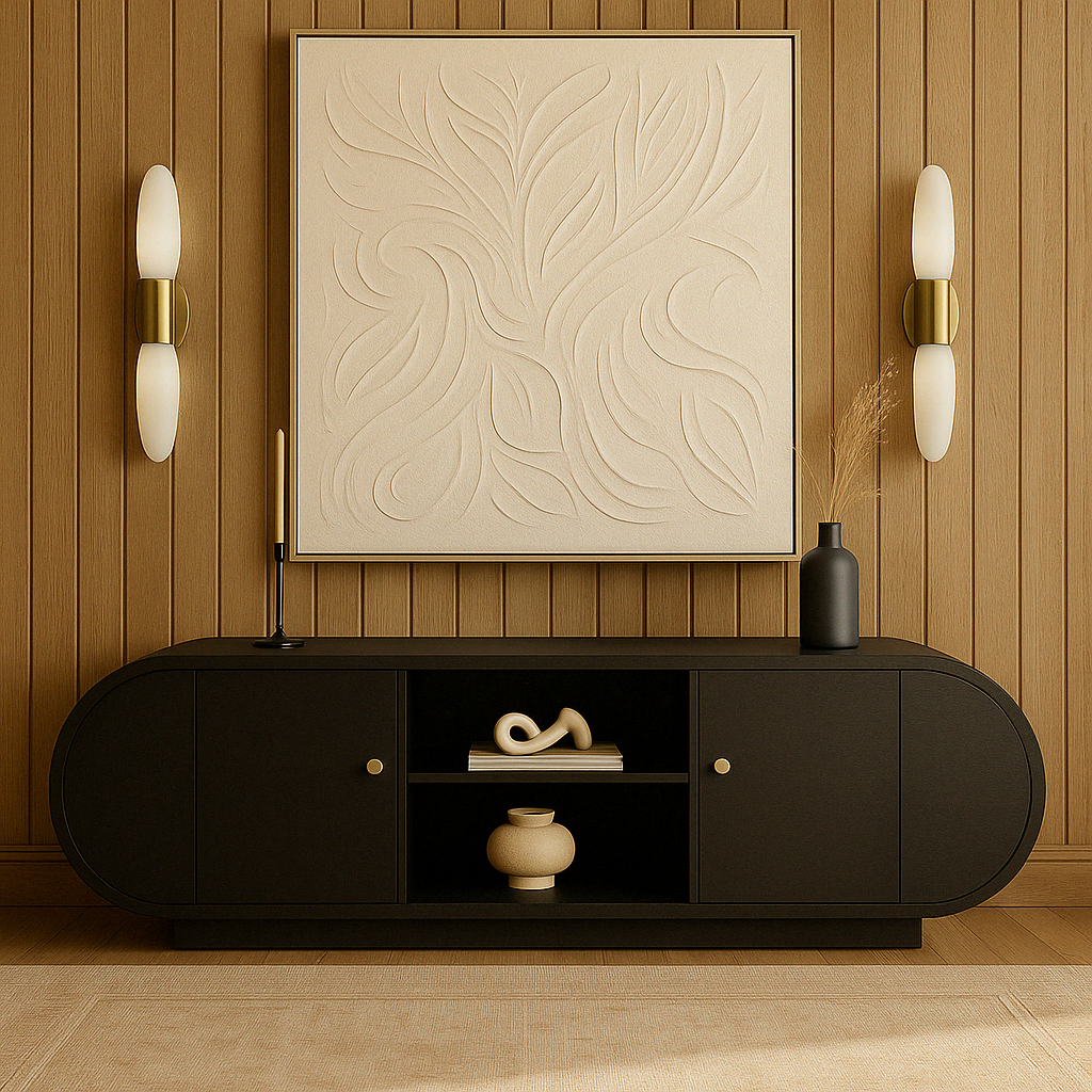 The natural wood Mira Sideboard styled with artisanal decor against a natural wood slat panel wall, highlighting organic modern textures.