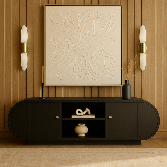 The natural wood Mira Sideboard styled with artisanal decor against a natural wood slat panel wall, highlighting organic modern textures.