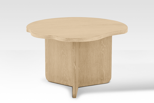 The individual Nook nestled table in natural oak wood, featuring a substantial tri-vane base and organic modern styling