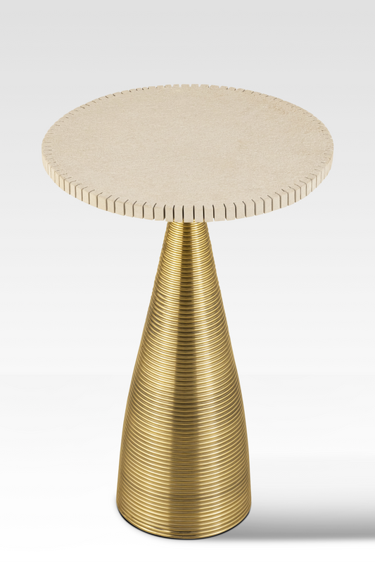 A perfectly circular overhead view of the Oasis End Table showcasing the earthy texture and notched edge of the solid sandstone top.