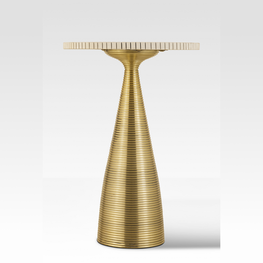 A straight-on profile of the Oasis End Table highlighting the tapered aluminum base and the precision-cut 'cog-edge' sandstone top.
