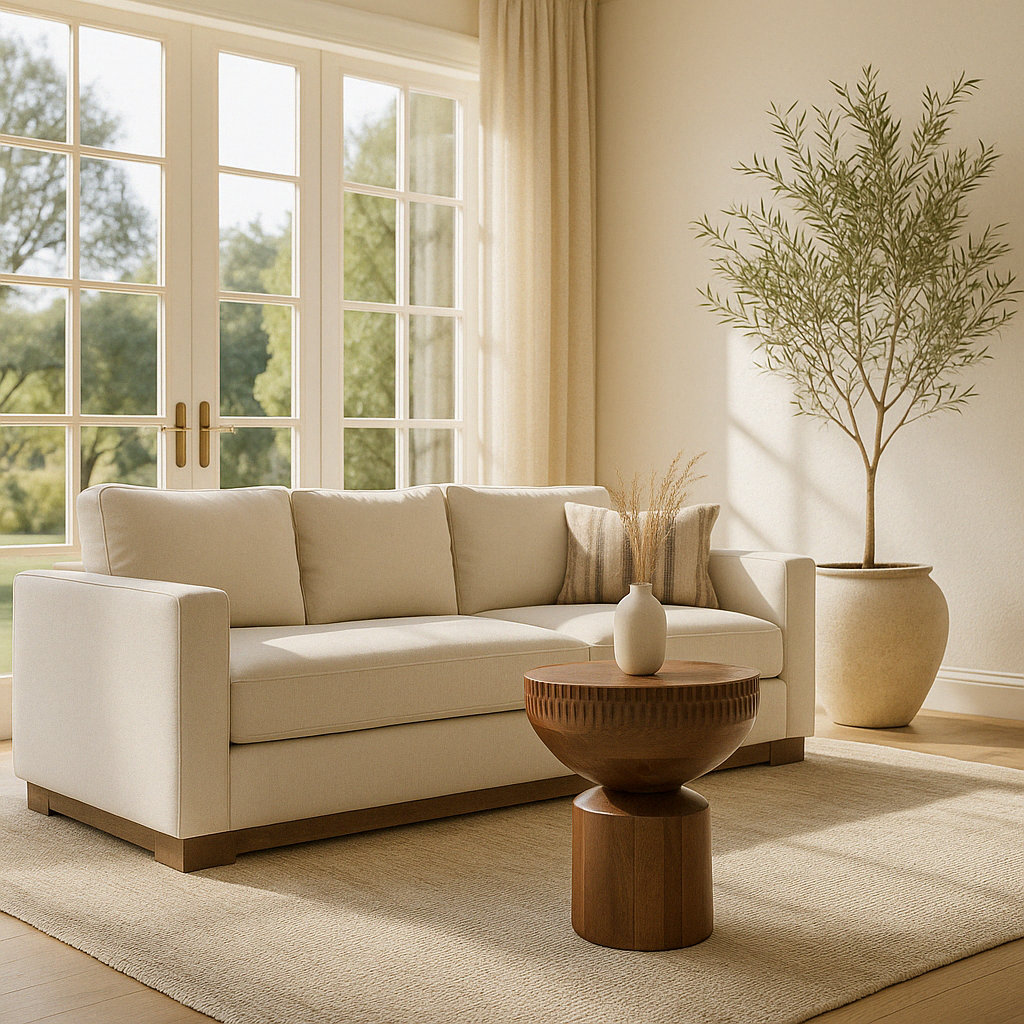The solid mango wood Orbit End Table in a Mediterranean minimalist living room, styled next to the Gala Accent Chair and a large potted Olive Tree.