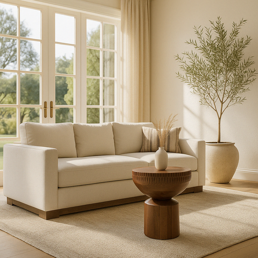The solid mango wood Orbit End Table in a Mediterranean minimalist living room, styled next to the Gala Accent Chair and a large potted Olive Tree.