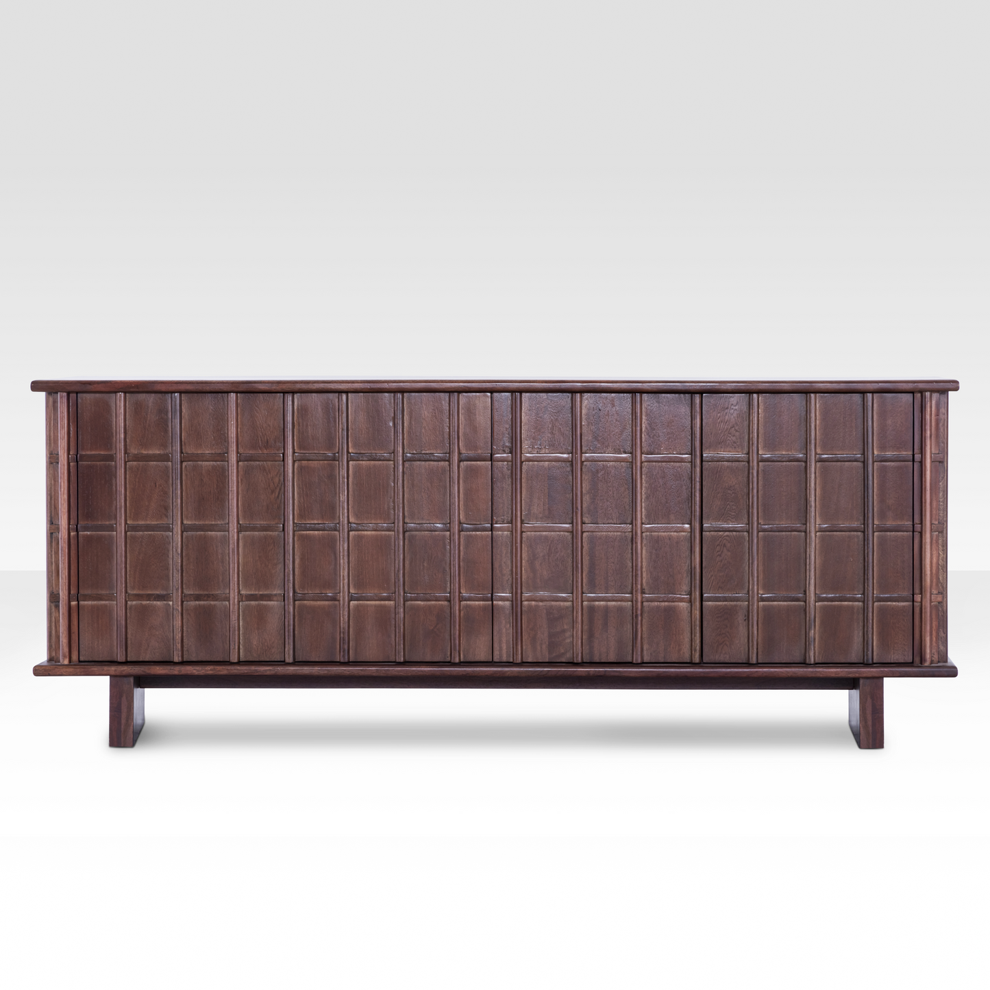 Full front view of the Quattro Sideboard in dark walnut-finished mango wood, featuring a 3D geometric grid relief design.