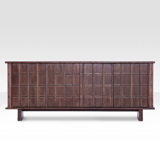 Full front view of the Quattro Sideboard in dark walnut-finished mango wood, featuring a 3D geometric grid relief design.