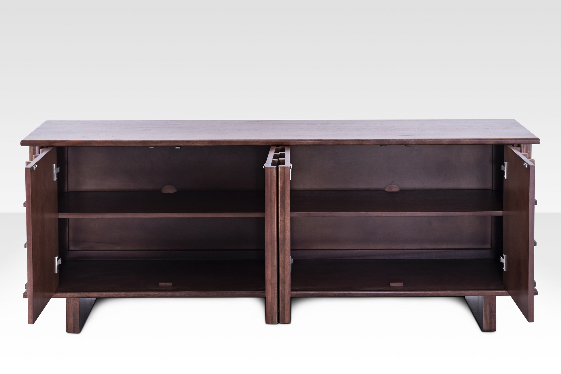 Quattro Sideboard with all four doors open, displaying the expansive internal shelving and high-quality cabinet hinges.
