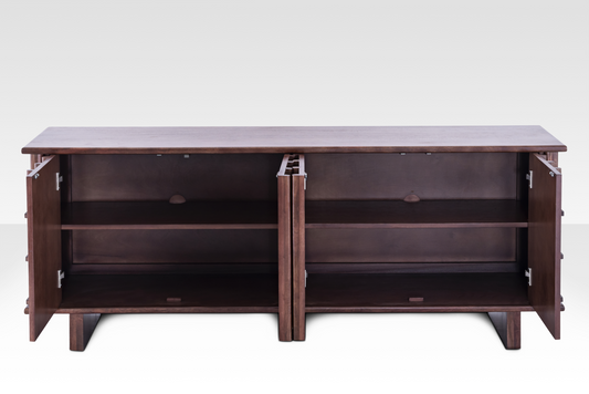 Quattro Sideboard with all four doors open, displaying the expansive internal shelving and high-quality cabinet hinges.
