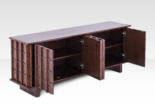 Inside view of the Quattro Sideboard showing the deep storage compartments, perfect for dining room linens or media equipment.