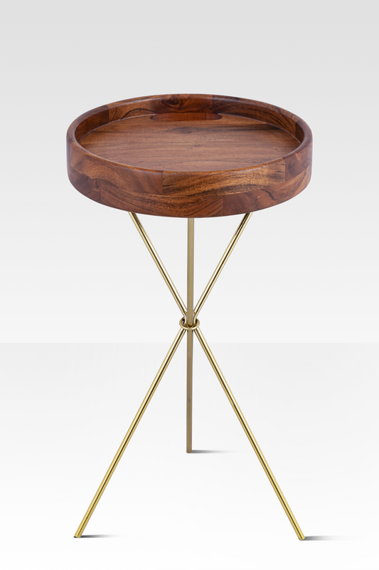 A circular overhead view of the removable mango wood tray top, showcasing the integrated handle and natural wood grain.