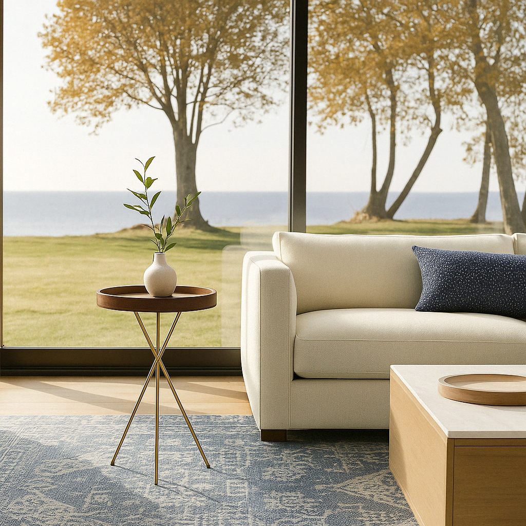 The solid mango wood Quill End Table styled in a modern living room with a lakeside view, positioned next to a cream sofa.