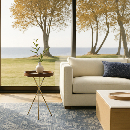 The solid mango wood Quill End Table styled in a modern living room with a lakeside view, positioned next to a cream sofa.