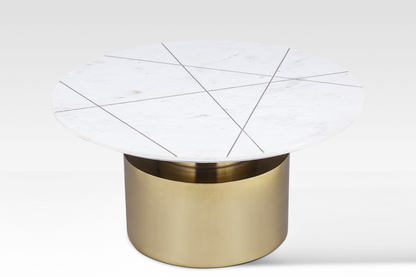 A perfectly circular overhead view of the Ray Coffee Table showcasing the intricate intersecting brass inlay pattern on white marble.