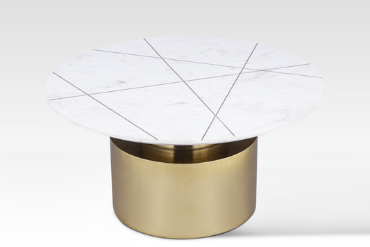 A perfectly circular overhead view of the Ray Coffee Table showcasing the intricate intersecting brass inlay pattern on white marble.