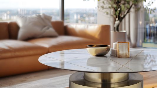 Close-up of the Ray Coffee Table with marble top and brass geometric inlay, styled in a luxury modern condo with a cognac leather sofa and city views.