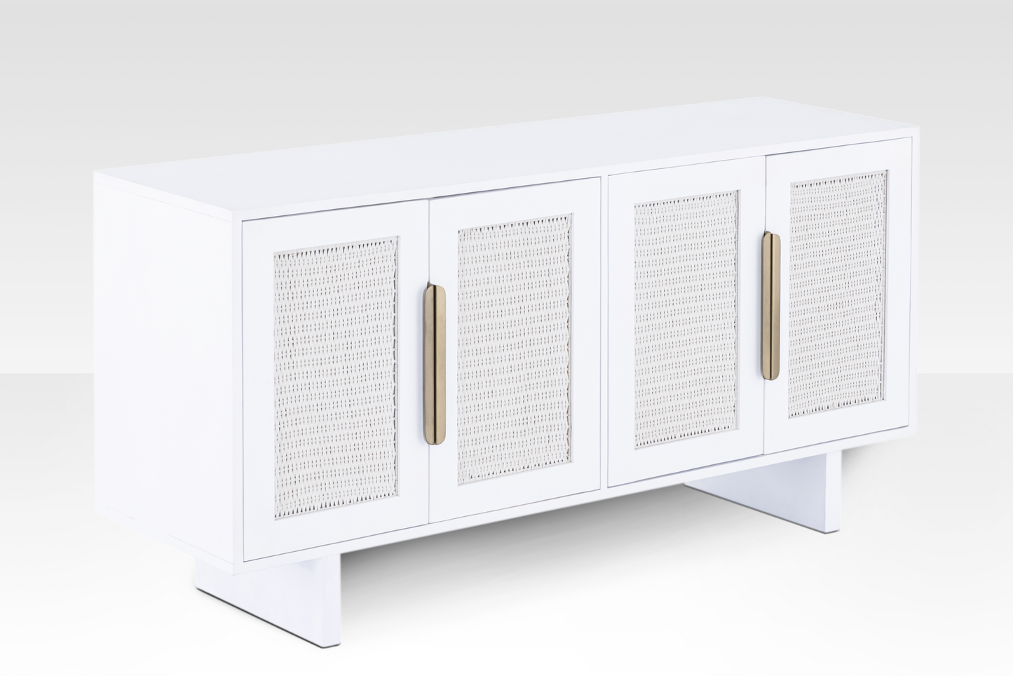 Angled view of the Riva Sideboard with one door open, showing the rope-weaving detail and interior wood grain.