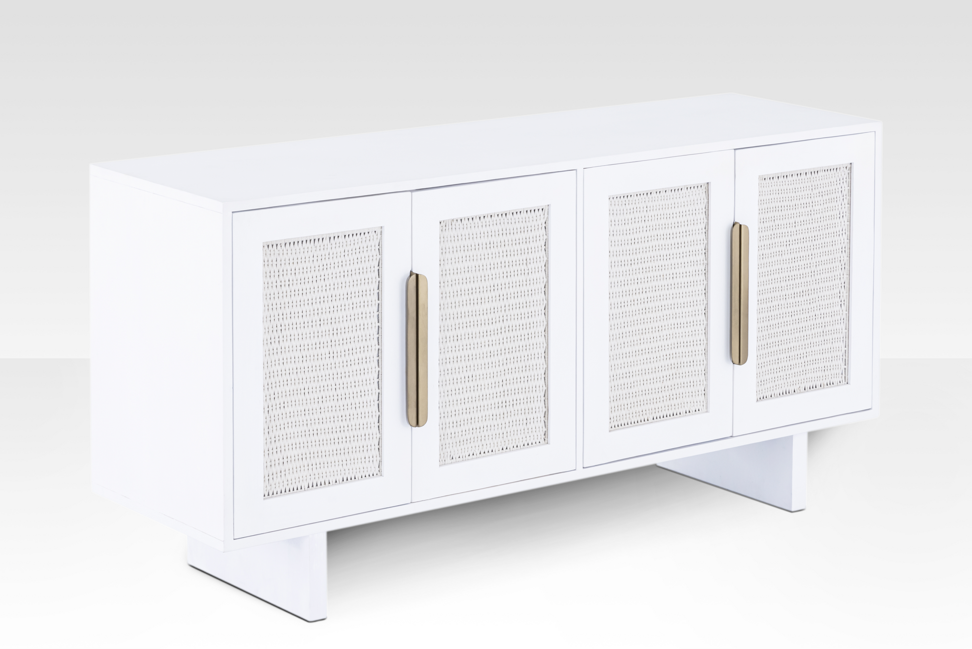 Angled view of the Riva Sideboard with one door open, showing the rope-weaving detail and interior wood grain.