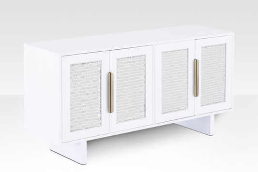 Angled view of the Riva Sideboard with one door open, showing the rope-weaving detail and interior wood grain.