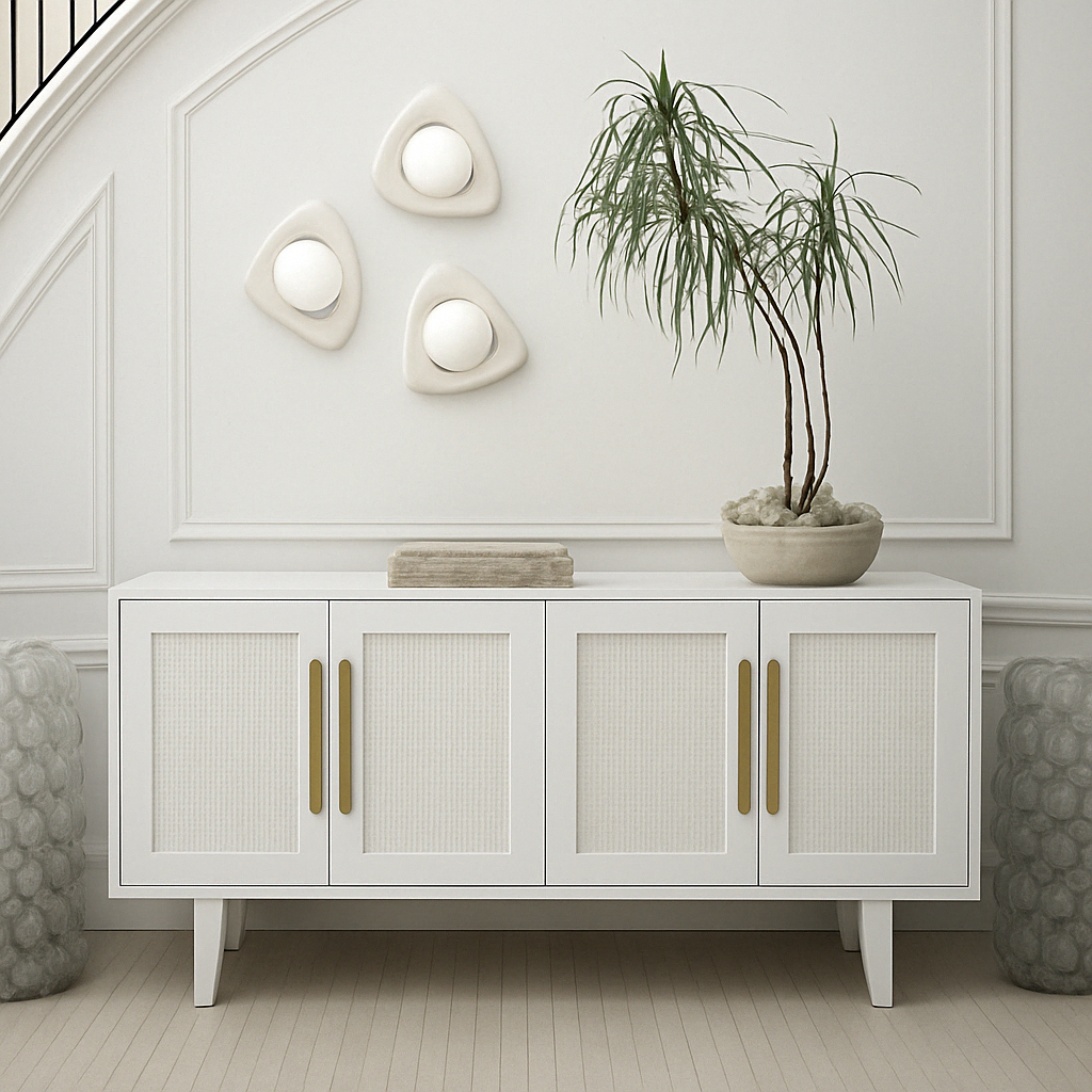 White-washed wood Riva Sideboard featuring natural rope-woven door panels and vertical antique gold handles in a bright, modern minimalist room setting.