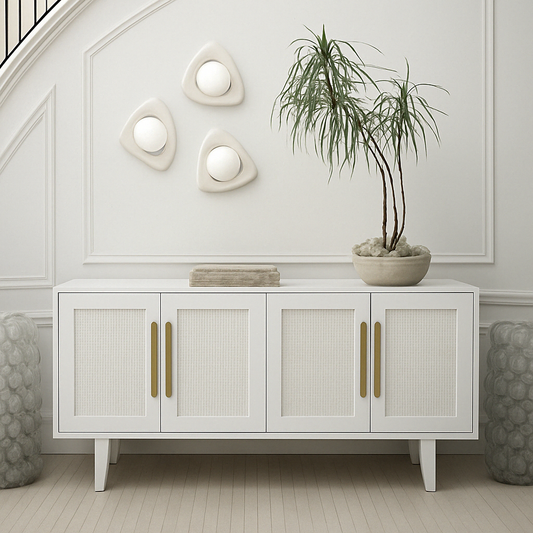 White-washed wood Riva Sideboard featuring natural rope-woven door panels and vertical antique gold handles in a bright, modern minimalist room setting.