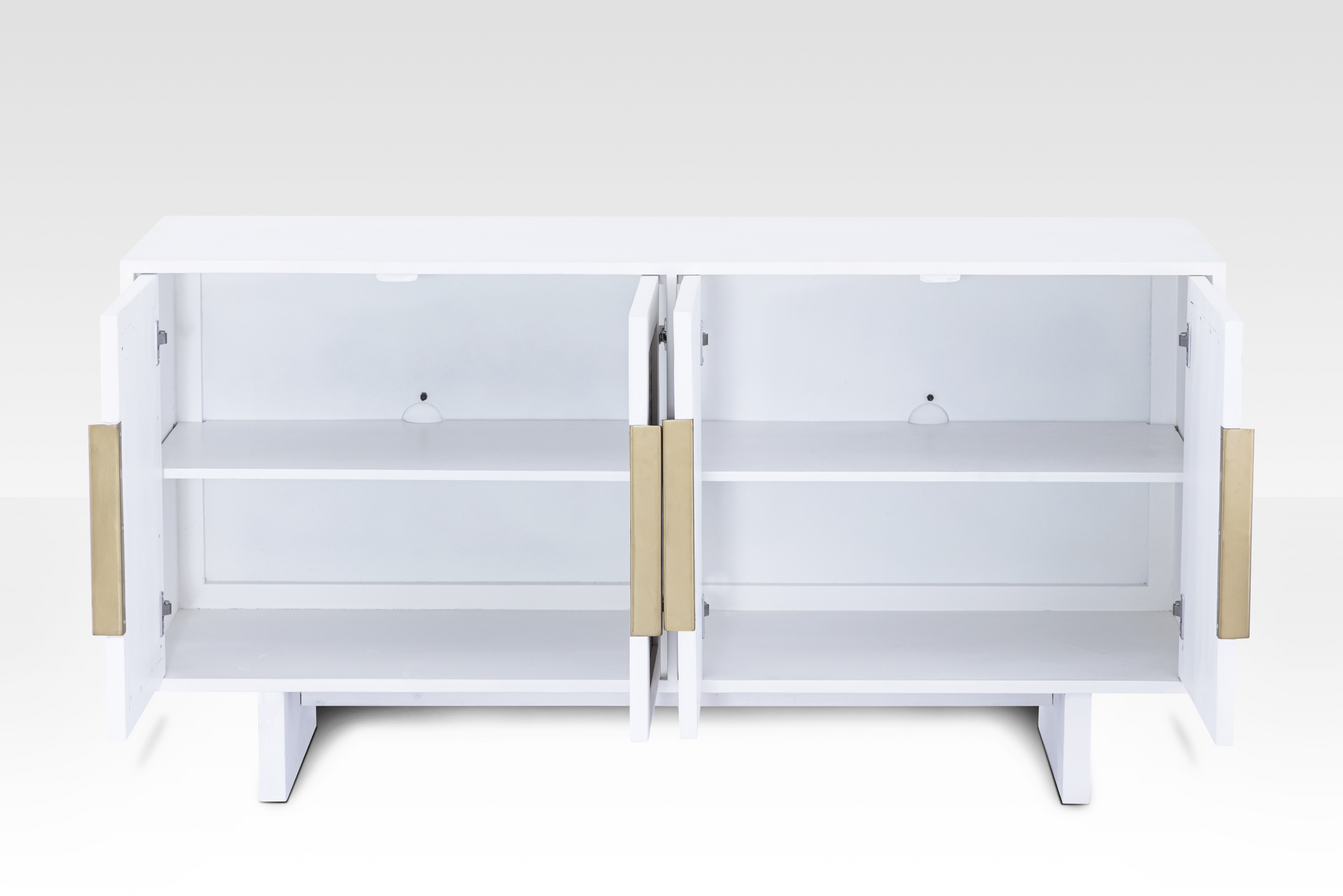 Riva Sideboard with all doors open to display the spacious interior shelving and premium Hettich hinge hardware.