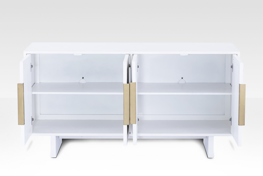 Riva Sideboard with all doors open to display the spacious interior shelving and premium Hettich hinge hardware.