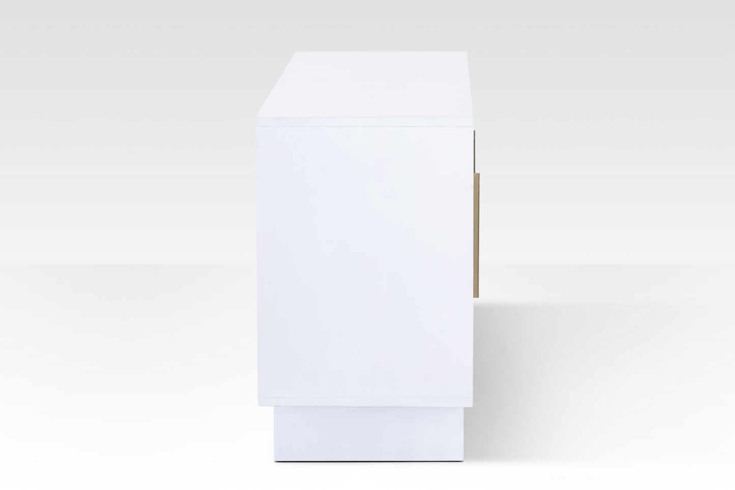Side profile of the Riva Sideboard highlighting its clean square edges and substantial white-washed wood thickness.