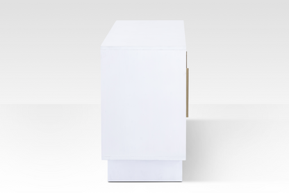 Side profile of the Riva Sideboard highlighting its clean square edges and substantial white-washed wood thickness.