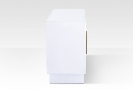 Side profile of the Riva Sideboard highlighting its clean square edges and substantial white-washed wood thickness.