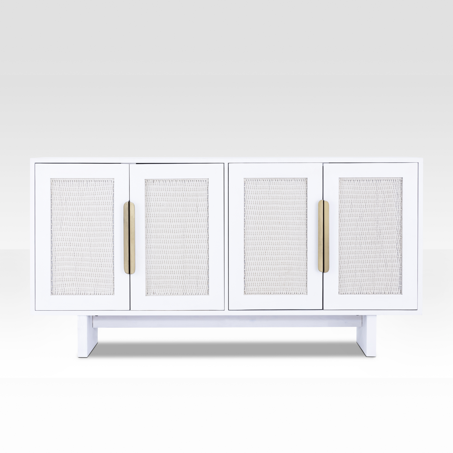Full front view of the Riva Sideboard featuring white-washed wood finish and natural rope-woven cabinet doors.