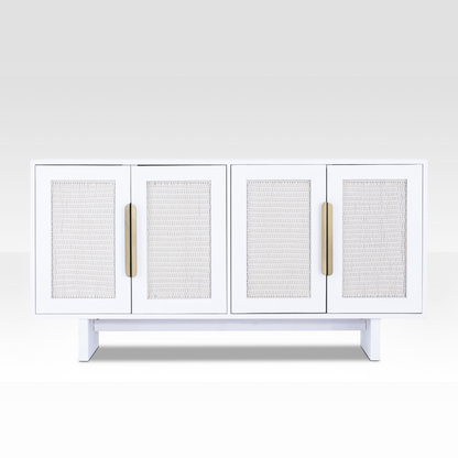 Full front view of the Riva Sideboard featuring white-washed wood finish and natural rope-woven cabinet doors.