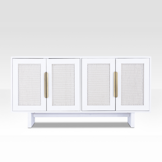 Full front view of the Riva Sideboard featuring white-washed wood finish and natural rope-woven cabinet doors.