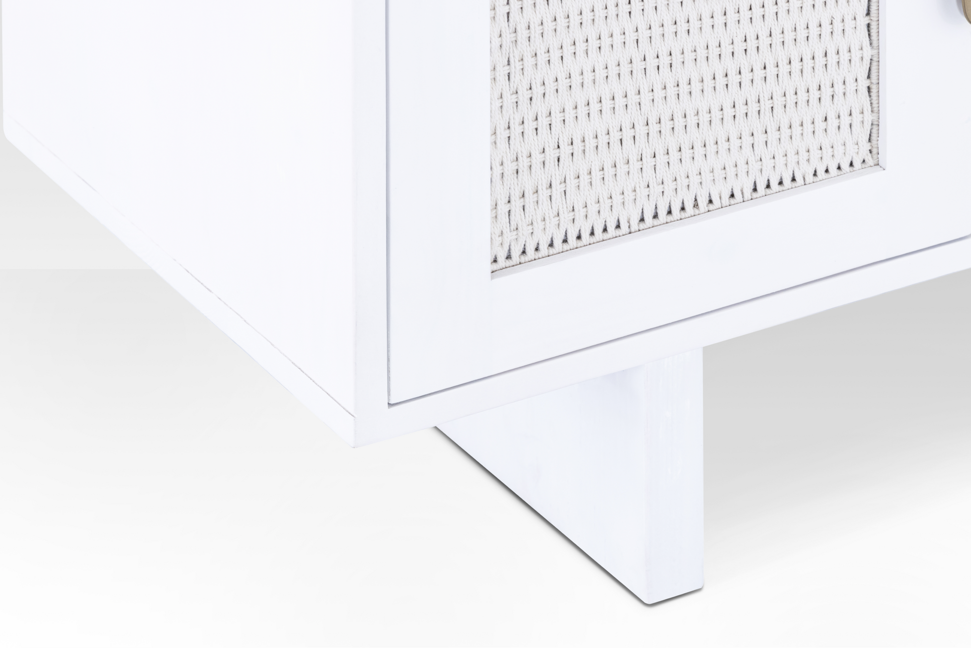 Close-up of the Riva Sideboard's sturdy square block legs and natural rope-woven door panel detail.