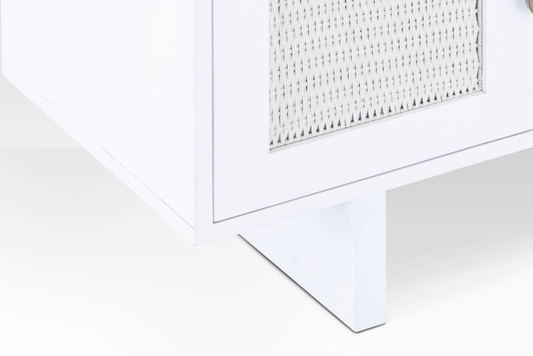 Close-up of the Riva Sideboard's sturdy square block legs and natural rope-woven door panel detail.