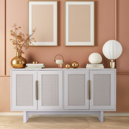 The white-washed Riva Sideboard styled against a warm peach accent wall, showcasing its versatile color palette.