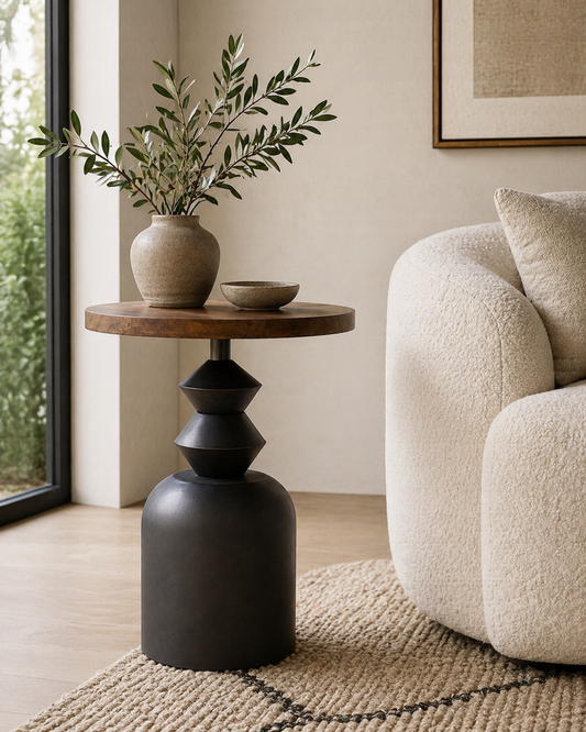 The Zentri End Table styled in a sunlit organic modern living room, featuring a bouclé sofa, olive branches, and natural jute rug.