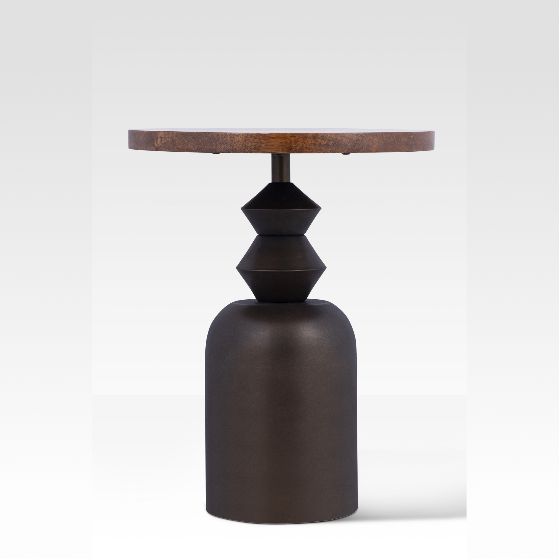 A front profile of the Zentri End Table highlighting the architectural stacked-volume metal base and solid wood surface.